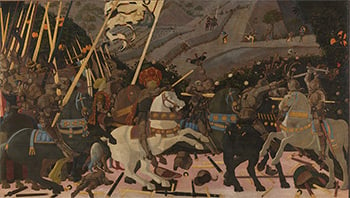 Painted picture showing a battle on horses