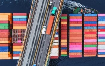 Colorful cargo ship at sea